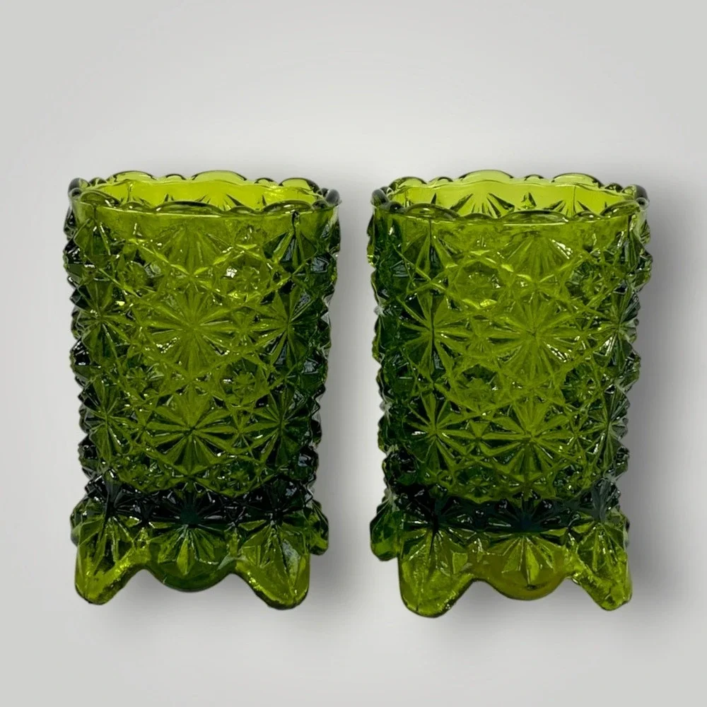 HOMCO Avocado Green Glass Votive Candle Holders Daisy Button Pair 1970s
